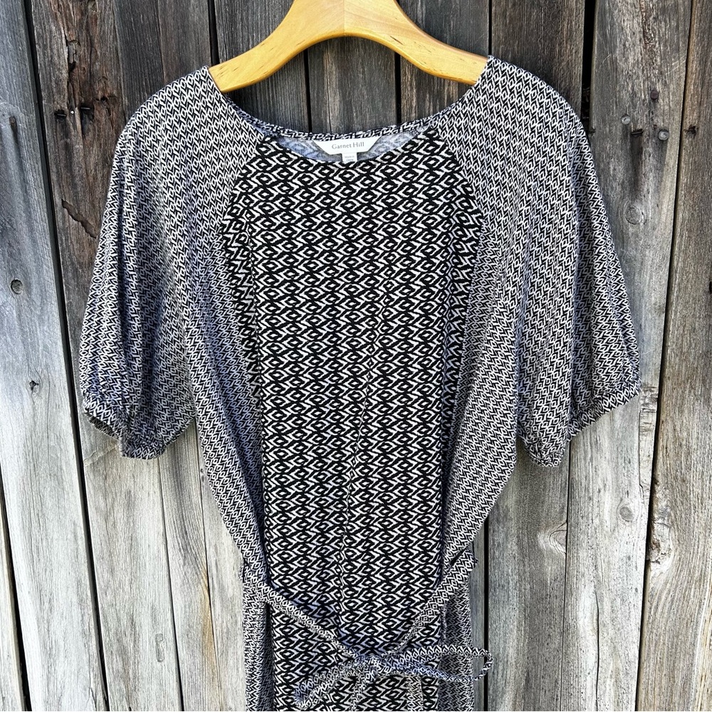 Garnet Hill Imogene Linen Midi Puff Sleeve Belted Print Dress Black Tan Beige L - Picture 3 of 16